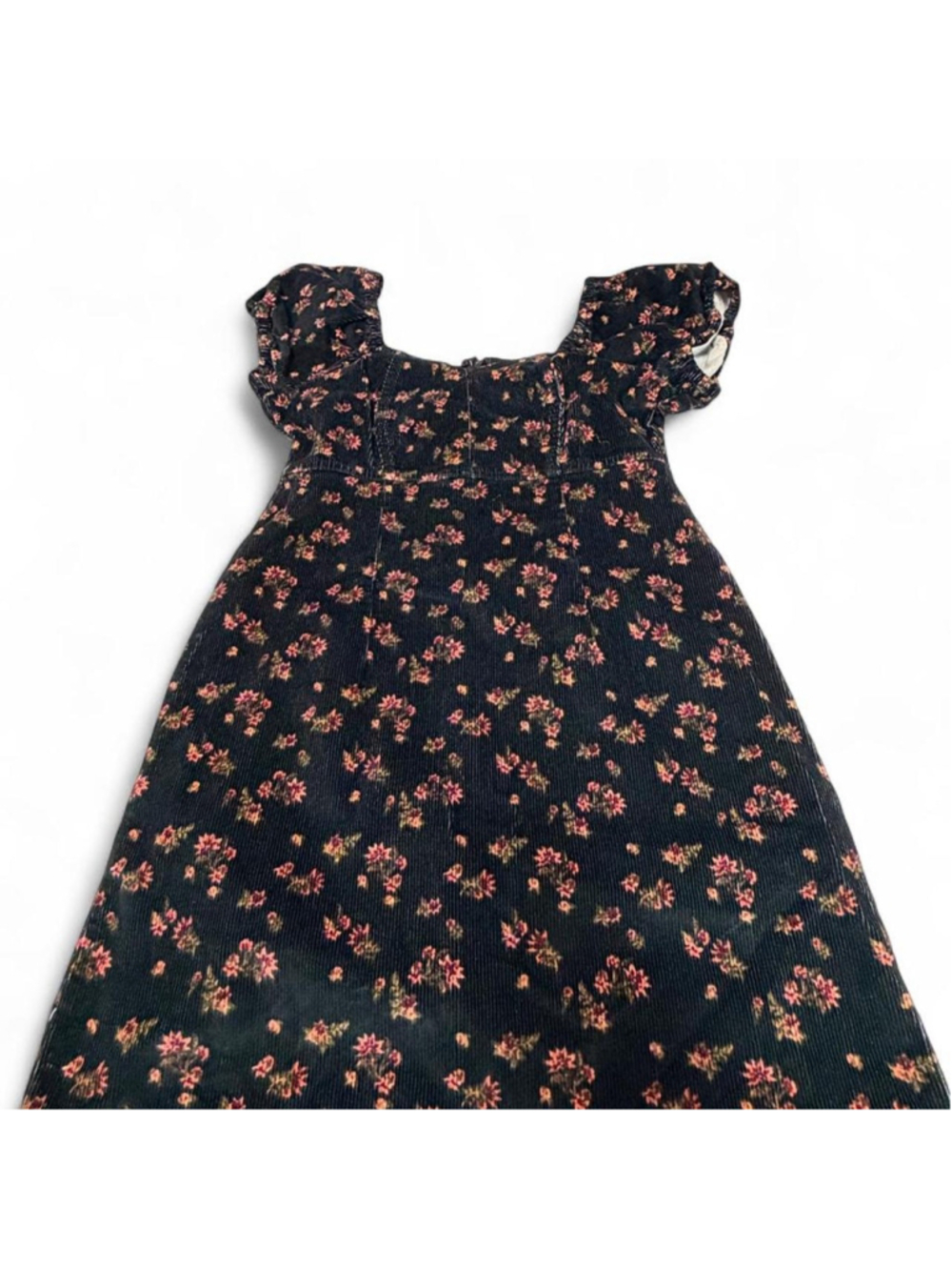 Black corduroy dress with small pink & red floral print, size L #floral #corduro